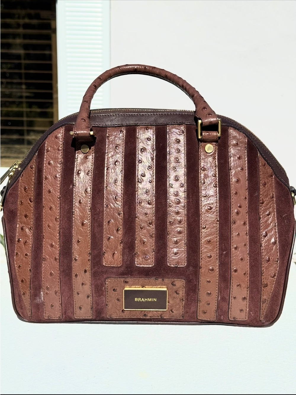 Brahmin Prague Two-Tone Brown Ostrich-Texture Top-Handle Satchel